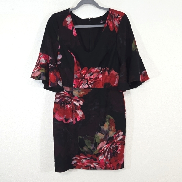 Trina Turk Dresses & Skirts - Trina Turk Black Dress Red Floral Bell Sleeves Lined Career Party Event , 10